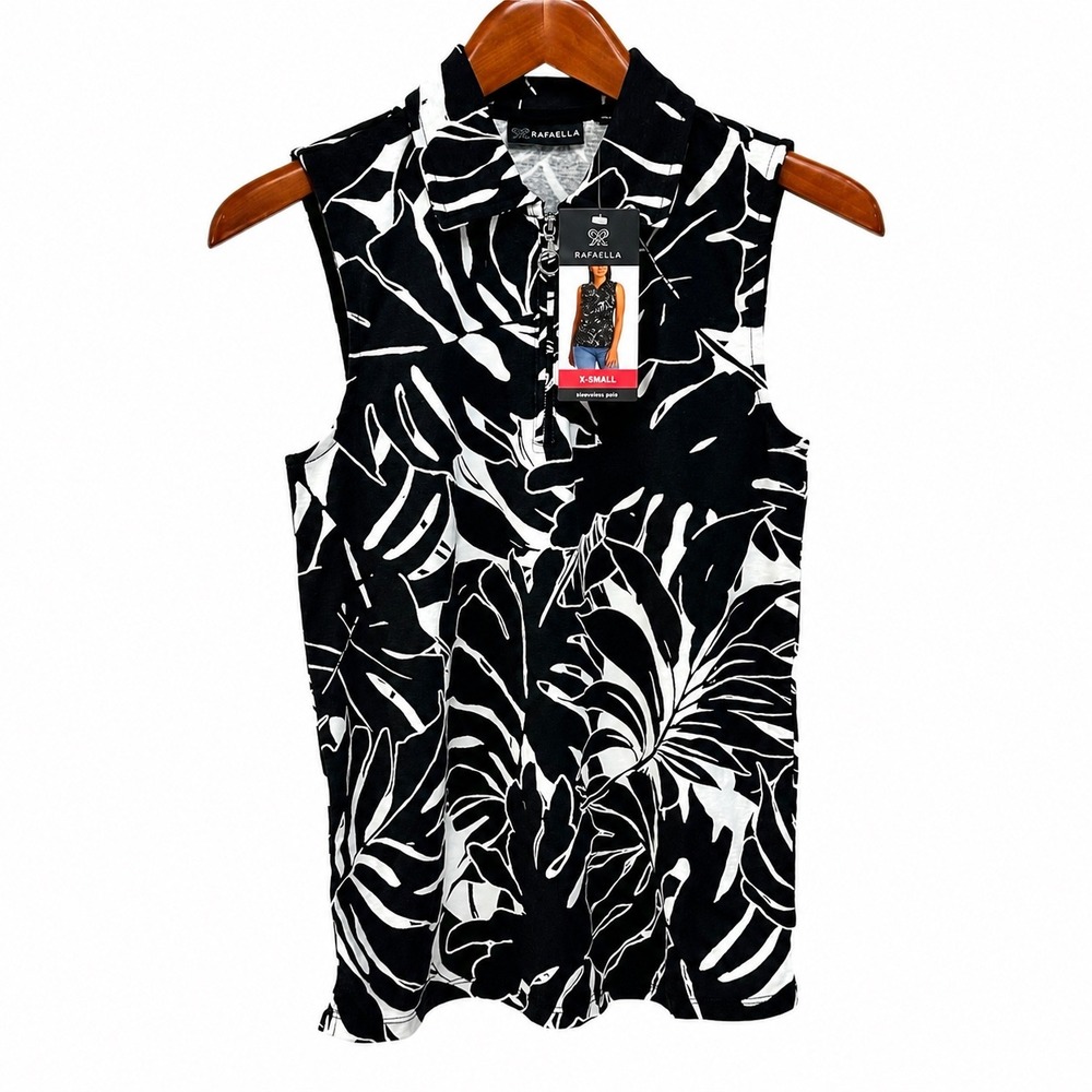 Rafaella Womens XS Sleeveless Polo Shirt Quarter Zip Tropical Palm Print Black